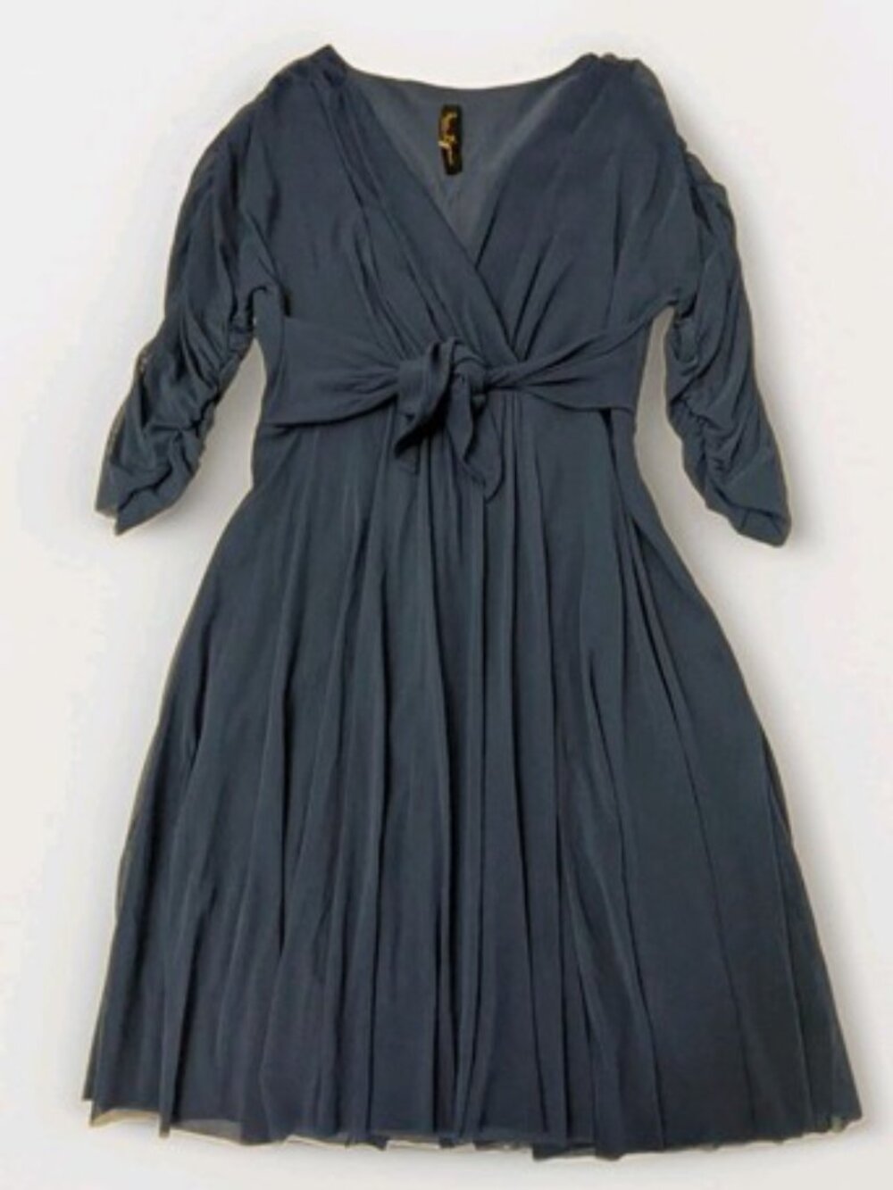 Elana Kattan Chiffon Dress Dark Blue Tied Waist Rushed 3/4 Sleeves Size M NWOT